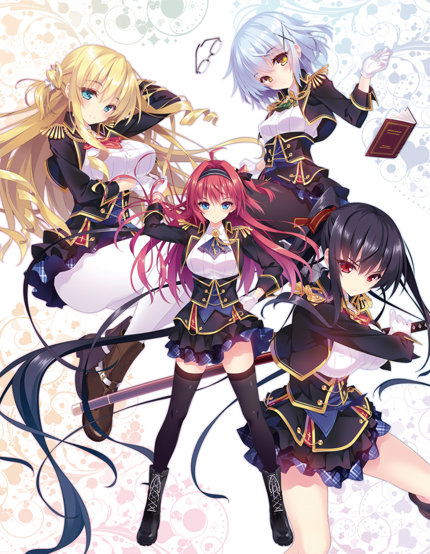 4girls, ahoge, black_hair, black_legwear, black_ribbon, blonde_hair, blue_eyes, blue_skirt