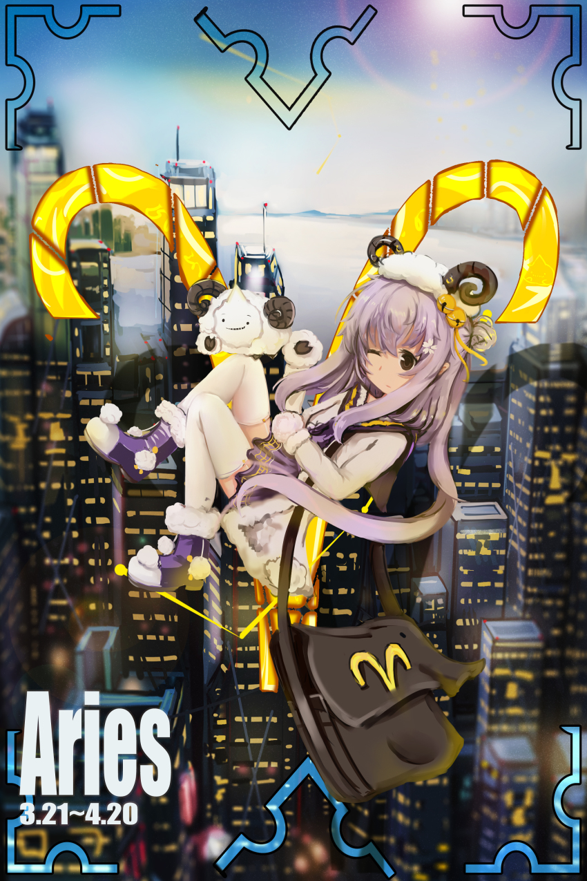 1girl, absurdres, bag, bell, building, floating, gloves, highres