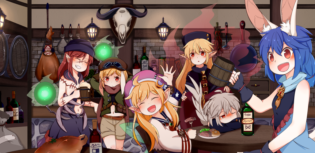 6+girls, :d, ahoge, alternate_costume, animal_ears, arms_behind_head, aura, bag