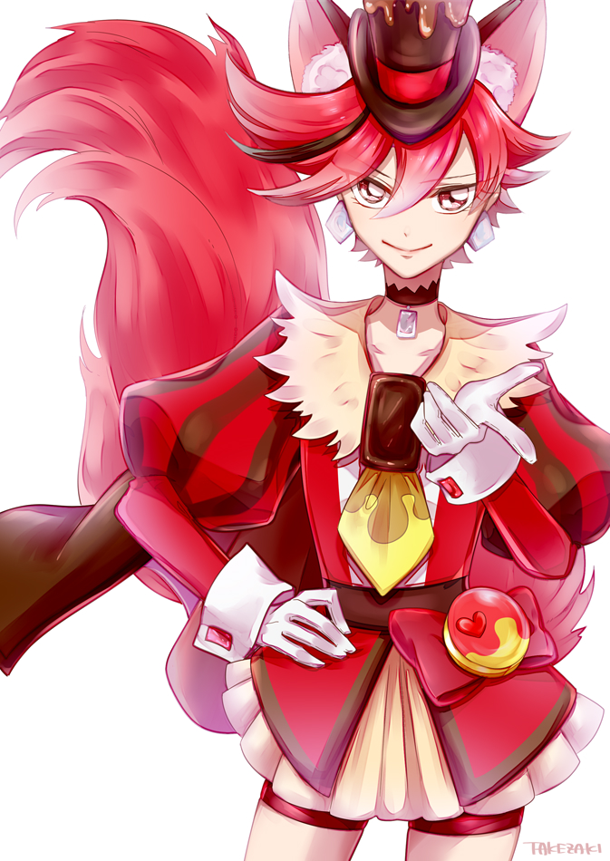 10s, 1girl, animal_ears, bad_id, bad_pixiv_id, cape, choker, cure_chocolat, dog_ears, dog_tail, earrings, extra_ears, gloves, hand_on_own_hip, hat, jewelry, juliet_sleeves, kenjou_akira, kirakira_precure_a_la_mode, long_sleeves, magical_girl, multicolored_hair, precure, puffy_sleeves, red_eyes, red_hair, shorts, shorts_under_skirt, skirt, smile, streaked_hair, tail, takezaki_(artist), top_hat, white_gloves