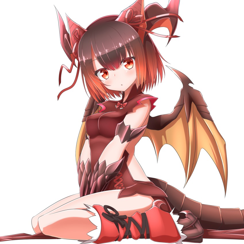 1girl, :o, alternate_color, alternate_eye_color, alternate_hair_color, armlet, bare_legs, between_legs, black_hair, blunt_bangs, bow, bowtie, breasts, brown_hair, claws, dragon_girl, dragon_horns, dragon_tail, dragon_wings, female_focus, full_body, gradient_hair, hair_ribbon, hand_between_legs, head_tilt, highres, horn_ornament, horn_ribbon, horns, jewelry, leg_warmers, lilium0235, looking_at_viewer, medium_breasts, multicolored_hair, myr_(p&amp;d), parted_lips, puzzle_&amp;_dragons, red_bow, red_bowtie, red_eyes, red_hair, red_ribbon, ribbon, scales, simple_background, sitting, sleeveless, solo, tail, thighs, v_arms, wariza, white_background, wings