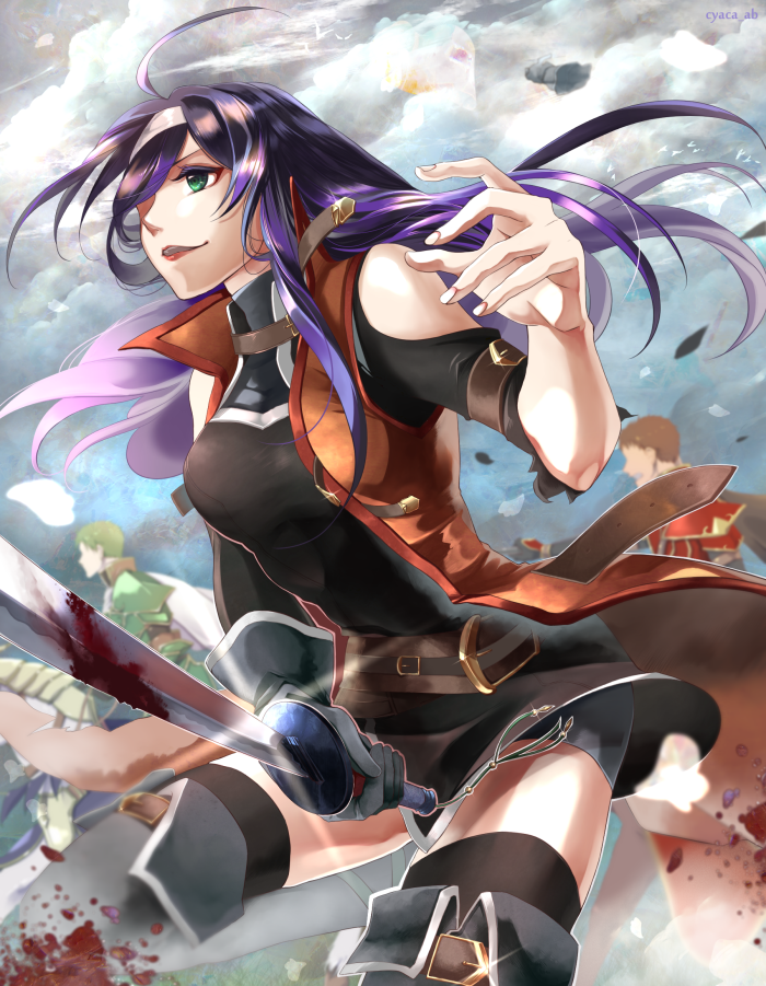 1girl, 2boys, artist_name, bare_shoulders, blood, bloody_weapon, blurry, boots