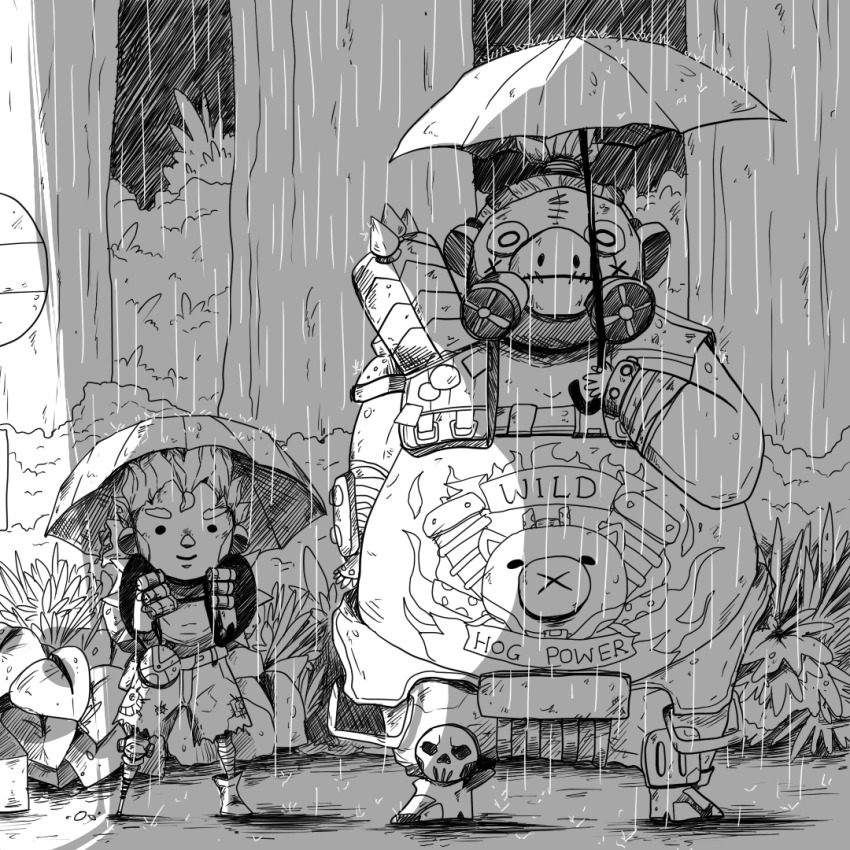 2boys, animated, animated_gif, bare_shoulders, big_belly, blush_stickers, bus_stop, forest, gas_mask, greyscale, hair_ornament, holding, holding_umbrella, junkrat_(overwatch), long_hair, male_focus, mask, mechanical_arms, monochrome, multiple_boys, nature, navel, outdoors, overwatch, overwatch_1, parody, peg_leg, pig, pig_tattoo, ponytail, rain, roadhog_(overwatch), shade, single_mechanical_arm, skull, smile, spiked_hair, spikes, stomach_tattoo, tattoo, the-scared-crow, tonari_no_totoro, torn_clothes, tree, umbrella, unused_tire