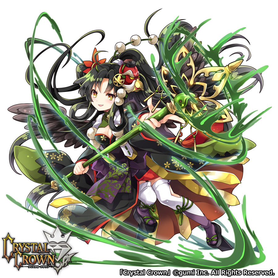 >:d, 1girl, :d, ahoge, black_hair, black_kimono, black_wings, breasts