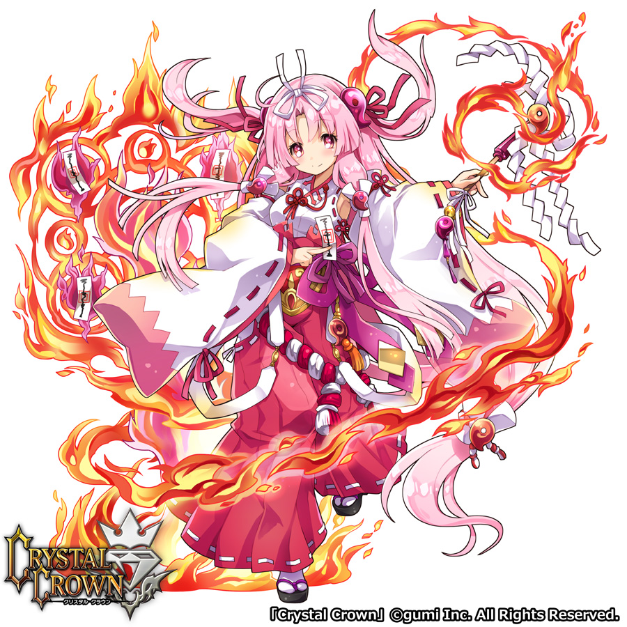 1girl, absurdly_long_hair, ahoge, armpits, bell, between_fingers, blush, closed_mouth, clothing_cutout, company_name, copyright_name, crystal_crown, female_focus, fire, floating, floating_hair, floating_object, flower_knot, full_body, gohei, hair_intakes, hair_ornament, hair_ribbon, hair_tubes, hakama, hakama_skirt, hip_vent, hitodama, holding, holding_ofuda, japanese_clothes, jewelry, jingle_bell, long_hair, long_sleeves, looking_at_viewer, low-tied_long_hair, magatama, magatama_hair_ornament, magic, miko, official_art, ofuda, ofuda_between_fingers, oonusa, outstretched_arm, pink_eyes, pink_hair, pink_hakama, purple_ribbon, red_ribbon, ribbon, ribbon-trimmed_clothes, ribbon-trimmed_hakama, ribbon-trimmed_sleeves, ribbon_trim, rope, sandals, sidelocks, simple_background, skirt, smile, solo, standing, standing_on_one_leg, tabi, tan, tareme, tassel, two_side_up, very_long_hair, white_background, white_legwear, white_ribbon, wide_sleeves, yamadori_ofuu