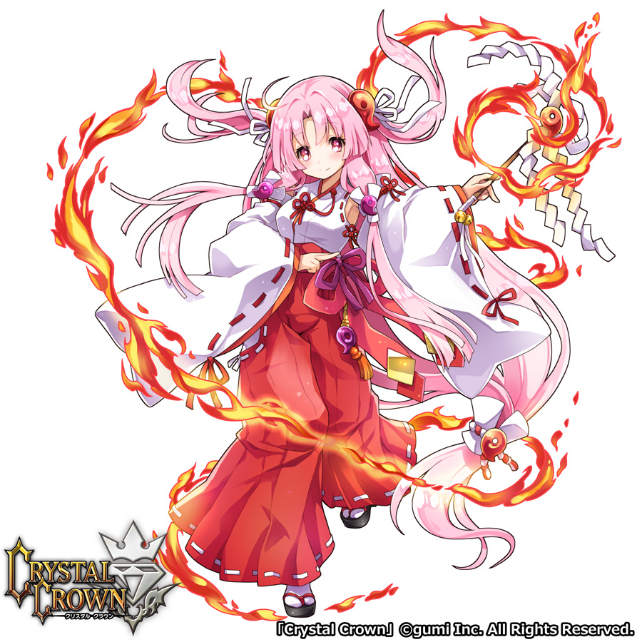 1girl, absurdly_long_hair, ahoge, armpits, bell, blush, closed_mouth, clothing_cutout, commentary_request, company_name, copyright_name, crystal_crown, female_focus, fire, floating_hair, flower_knot, full_body, gohei, hair_intakes, hair_ornament, hair_ribbon, hair_tubes, hakama, hakama_skirt, hip_vent, holding, japanese_clothes, jingle_bell, kuji-in, long_hair, long_sleeves, looking_at_viewer, low-tied_long_hair, magatama, magatama_hair_ornament, magic, miko, official_art, oonusa, outstretched_arm, pink_eyes, pink_hair, purple_ribbon, red_hakama, red_ribbon, ribbon, ribbon-trimmed_clothes, ribbon-trimmed_hakama, ribbon-trimmed_sleeves, ribbon_trim, sandals, sidelocks, simple_background, skirt, smile, solo, standing, standing_on_one_leg, tabi, tareme, tassel, two_side_up, very_long_hair, white_background, white_legwear, white_ribbon, wide_sleeves, yamadori_ofuu