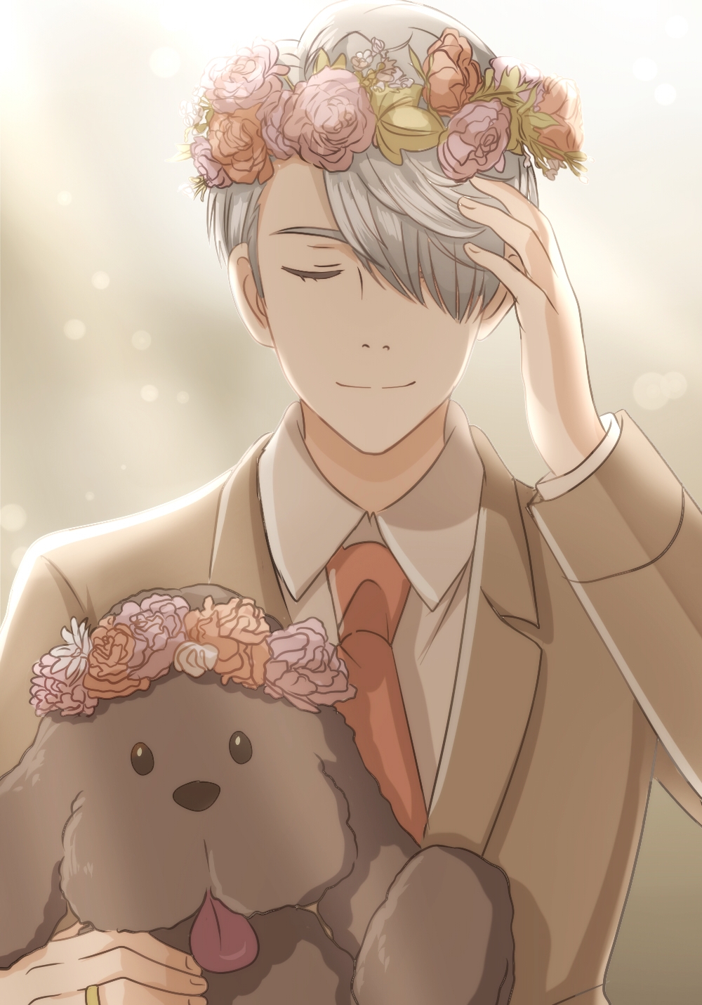 10s, 1boy, cubisticking, dog, closed_eyes, flower, formal_clothes, hair_over_one_eye