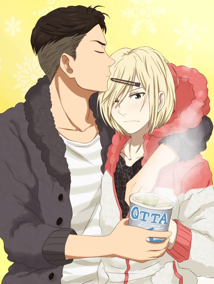 10s, 2boys, black_hair, blonde_hair, cubisticking, cup, closed_eyes, kissing_forehead, green_eyes, hair_ornament, hairclip, highres, hood, hoodie, kiss, male_focus, multiple_boys, one_eye_closed, otabek_altin, steam, yaoi, yuri!!!_on_ice, yuri_plisetsky