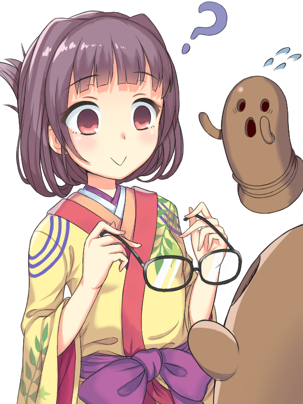 1girl, :>, :<, ?, black_hair, bow, empty_eyes, flower_knight_girl