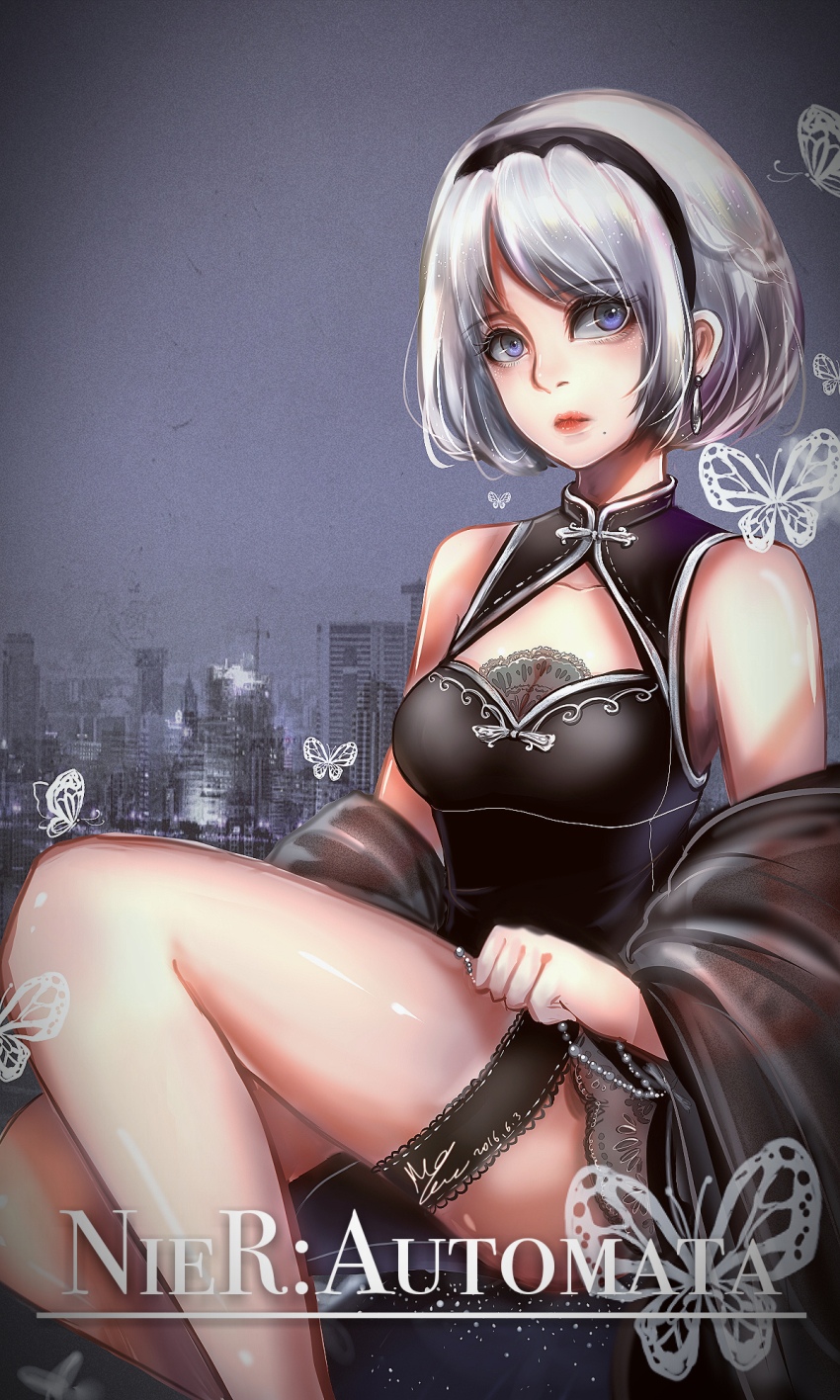 1girl, 2b_(nier:automata), adapted_costume, alternate_costume, bare_shoulders, black_dress, black_hairband, breasts