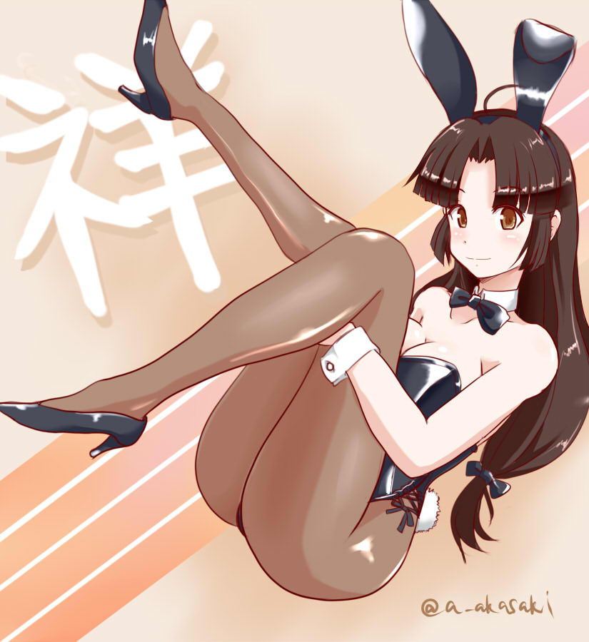 10s, 1girl, akai_akasaki, alternate_costume, animal_ears, black_bow, black_bowtie, black_hair