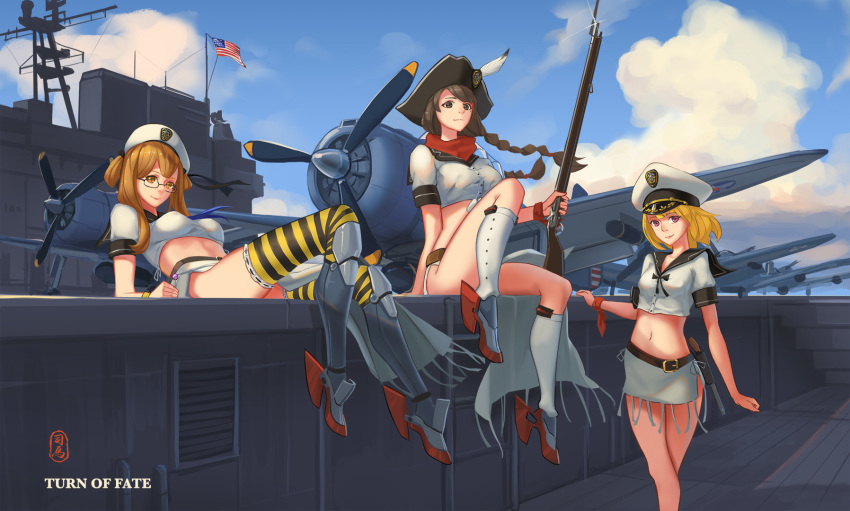 3girls, american_flag, bayonet, beret, blonde_hair, braid, brown_eyes, brown_hair
