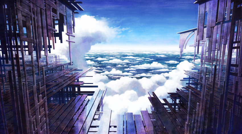 aoha_(twintail), architecture, blue_sky, cloud, day, highres, no_humans, ocean, original, reflection, scenery, science_fiction, sky, under_construction