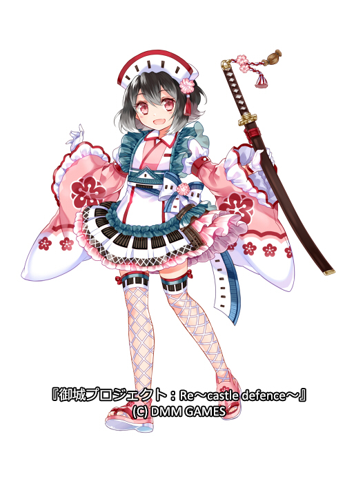 banba_(oshiro_project), black_hair, copyright_name, flower, gloves, hair_flower, hair_ornament, hat, oshiro_project:re, red_eyes, ririkuto, short_hair, solo, sword, weapon, white_background