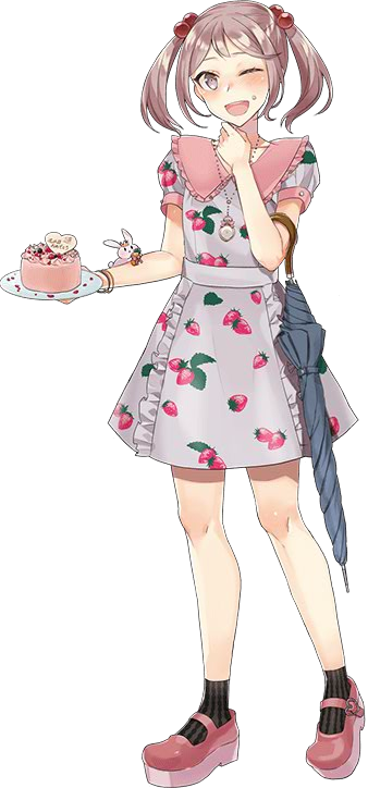 10s, 1girl, cake, crown, dress, drew_(drew213g), female_focus, food, food_print, fruit_print, full_body, hair_bobbles, hair_ornament, jewelry, kantai_collection, mary_janes, necklace, official_art, open_mouth, pink_eyes, pink_hair, platform_shoes, rabbit, sazanami_(kancolle), sazanami_(rainy_season)_(kancolle), shoes, short_hair, smile, solo, strawberry_print, transparent_background, twintails, umbrella