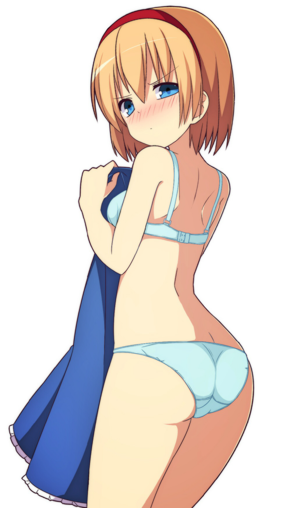 1girl, alice_margatroid, ass, back, bad_id, bad_pixiv_id, blonde_hair, blue_bra