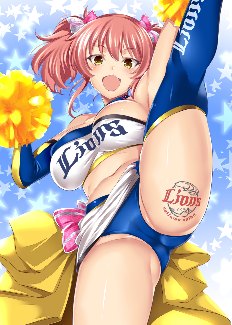 10s, 1girl, :3, arms_up, bare_shoulders, blush, bow, breasts, cheerleader, choker, commentary_request, elbow_gloves, eyelashes, fang, female_focus, gloves, gluteal_fold, hair_bow, idolmaster, idolmaster_cinderella_girls, jougasaki_mika, large_breasts, leg_tattoo, leg_up, legs, looking_at_viewer, midriff, navel, nippon_professional_baseball, open_mouth, pink_hair, pom_pom_(cheerleading), saitama_seibu_lions, sash, short_shorts, shorts, sidelocks, smile, solo, star_(symbol), star_symbol_background, strapless, tattoo, thighhighs, thighs, tube_top, twintails, yasui_riosuke, yellow_eyes
