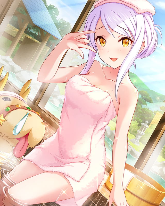 10s, 1girl, artist_request, bare_shoulders, bath, blitzen, blue_sky, blush, breasts, cleavage, collarbone, day, eve_santaclaus, female_focus, fingernails, idolmaster, idolmaster_cinderella_girls, light_purple_hair, long_fingernails, long_hair, looking_at_viewer, medium_breasts, naked_towel, official_art, onsen, open_mouth, partially_submerged, reindeer, ryokan, sitting, sky, smile, solo, towel, towel_on_head, water, wet, window, yellow_eyes