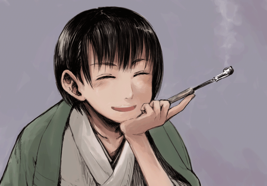1girl, bad_id, bad_pixiv_id, black_hair, closed_eyes, female_focus, holding, holding_smoking_pipe