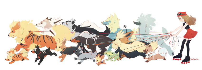 1girl, arcanine, artist_name, brown_hair, collar, dog, electrike, eyewear_on_head