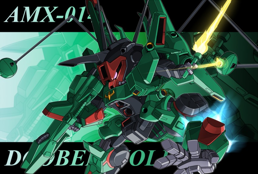 beam_rifle, energy_sword, character_name, doven_wolf, energy_gun, glowing, glowing_eye, gundam