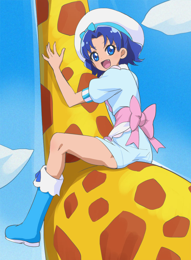 10s, 1girl, :d, beret, blue_boots, blue_eyes, blue_hair, boots