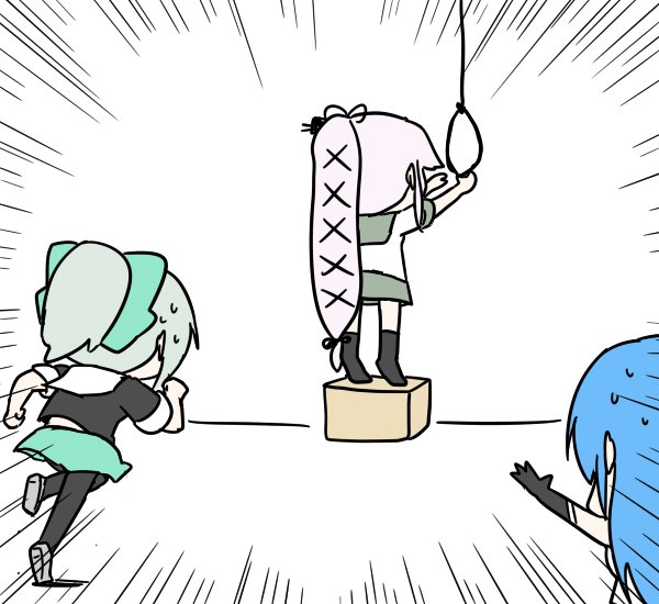 10s, 3girls, blue_hair, boots, bow, emphasis_lines, gloves, green_bow