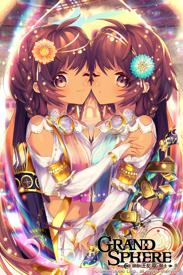 2girls, ;), ahoge, armlet, bad_id, bad_pixiv_id, braid, breast_press