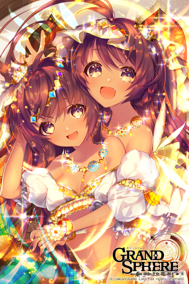 2girls, :d, ahoge, bad_id, bad_pixiv_id, bare_shoulders, brown_eyes, brown_hair