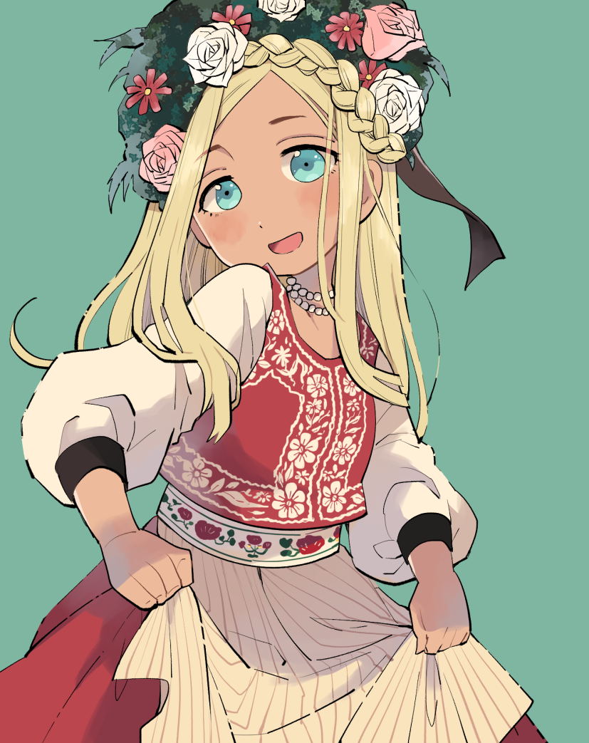 10s, 1girl, :d, ai_nige, alternate_hairstyle, apron, aqua_background, aqua_eyes, belt, black_ribbon, blonde_hair, blush, braid, dark-skinned_female, dark_skin, dress, european_clothes, eyebrows, eyelashes, eyes_visible_through_hair, female_focus, floral_print, flower, french_braid, hat, head_tilt, holding, holding_unworn_clothes, hungarian_clothes, idolmaster, idolmaster_cinderella_girls, jewelry, layla_(idolmaster), long_hair, long_sleeves, looking_at_viewer, necklace, open_mouth, pearl_necklace, pink_flower, pink_rose, puffy_sleeves, red_dress, red_flower, ribbon, rose, shirt, simple_background, smile, solo, striped_apron, striped_clothes, tareme, vertical_stripes, white_apron, white_flower, white_rose, white_shirt