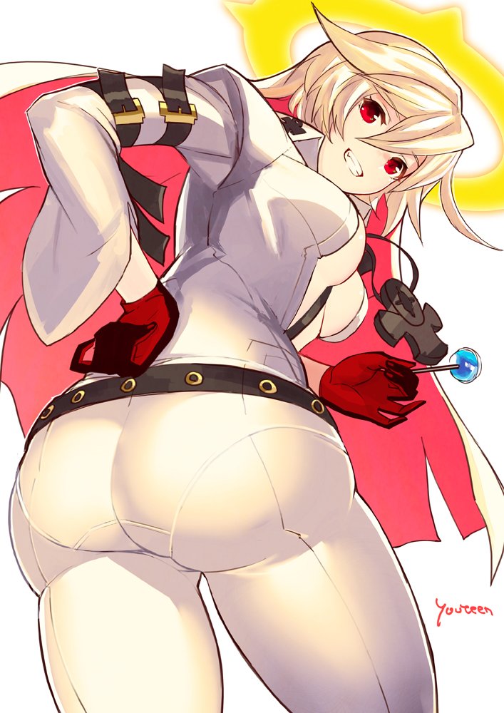 1girl, ass, bell-bottoms, bodysuit, breasts, candy, center_opening, cleavage, spiked_halo, fingernails_over_gloves, food, from_below, gloves, guilty_gear, guilty_gear_xrd, halo, huge_ass, jack-o'_valentine, lollipop, multicolored_hair, pants, pantylines, razu_(rus), red_eyes, thick_thighs, thighs, two-tone_hair, white_hair