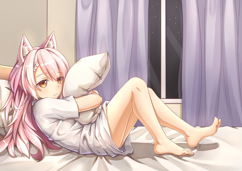 1girl, absurdres, animal_ears, bad_id, bad_pixiv_id, barefoot, bed_sheet, blouse, braid, crease, curtains, eyes_visible_through_hair, fake_animal_ears, feet, female_focus, french_braid, frown, highres, holding, holding_pillow, hugging_object, indoors, legs_folded, lonely, long_hair, night, no_pants, on_bed, pillow, pillow_hug, pink_hair, ray_(pixiv9514208), reclining, scan, shimakaze_(warship_girls_r), shirt, sky, solo, star_(sky), starry_sky, thighs, warship_girls_r, white_shirt, window, yellow_eyes