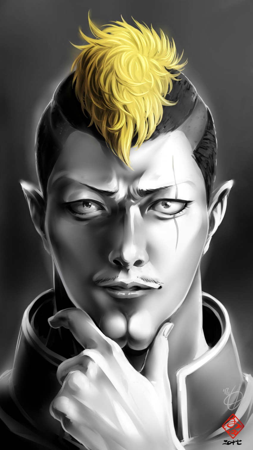 10s, 1boy, absurdres, bad_id, bad_pixiv_id, cleft_chin, facial_hair, greyscale, hand_on_own_chin, highres, kanchiyo, looking_at_viewer, male_focus, mohawk, monochrome, mustache, nendou_riki, pointy_ears, portrait, saiki_kusuo_no_psi_nan, scar, scar_across_eye, scar_on_face, solo, spot_color