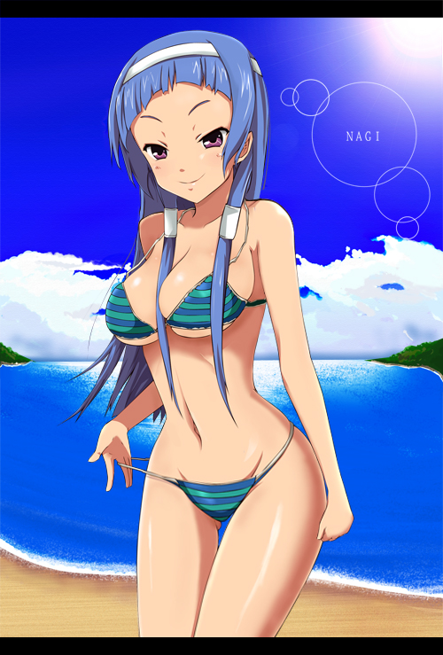 00s, 1girl, bad_id, bad_pixiv_id, beach, bikini, bikini_pull, blue_hair