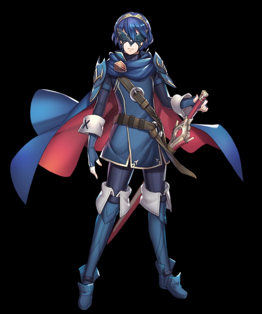 1girl, belt, blue_hair, cape, disguise, falchion_(fire_emblem), female_focus, fingerless_gloves
