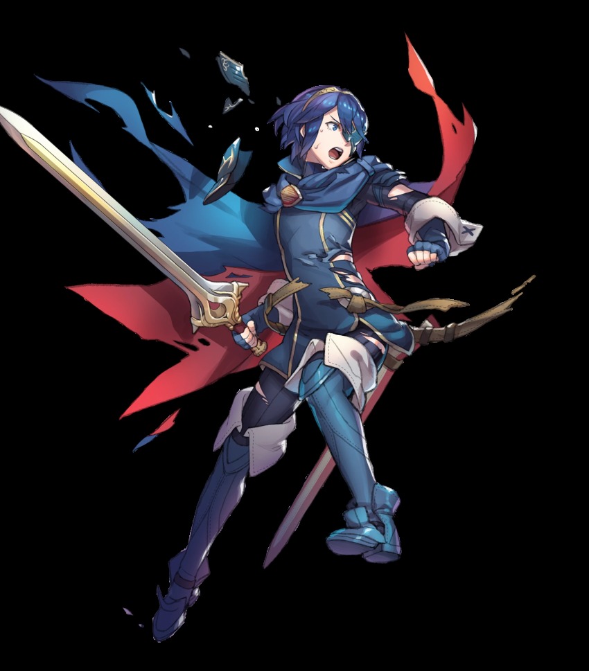 1girl, blue_eyes, blue_hair, broken_mask, cape, falchion_(fire_emblem), female_focus, fingerless_gloves