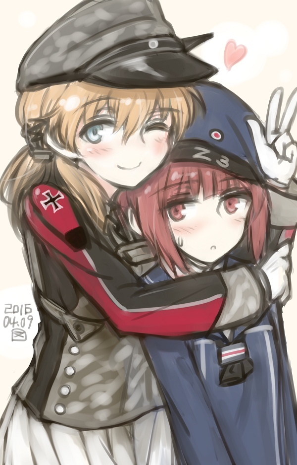 10s, 2girls, ;), anchor_symbol, beret, blonde_hair, blue_dress, blue_hat