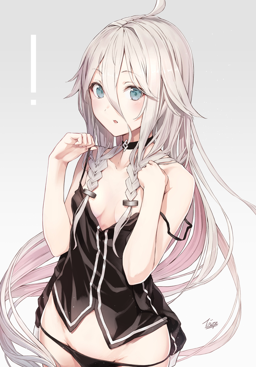 !, 1girl, arms_at_sides, artist_name, black_panties, blue_eyes, blush, breasts