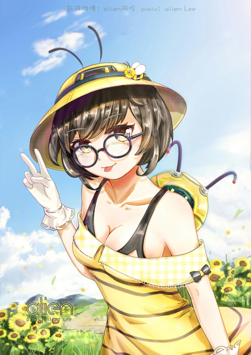 1girl, adapted_costume, alien_(15307703), alternate_costume, artist_name, bee_costume, bee_hair_ornament, beekeeper_mei