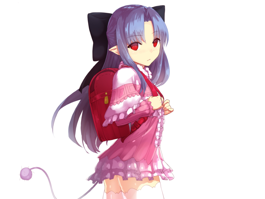 1girl, apo_(apos2721), backpack, bag, black_bow, blue_hair, bow, capelet