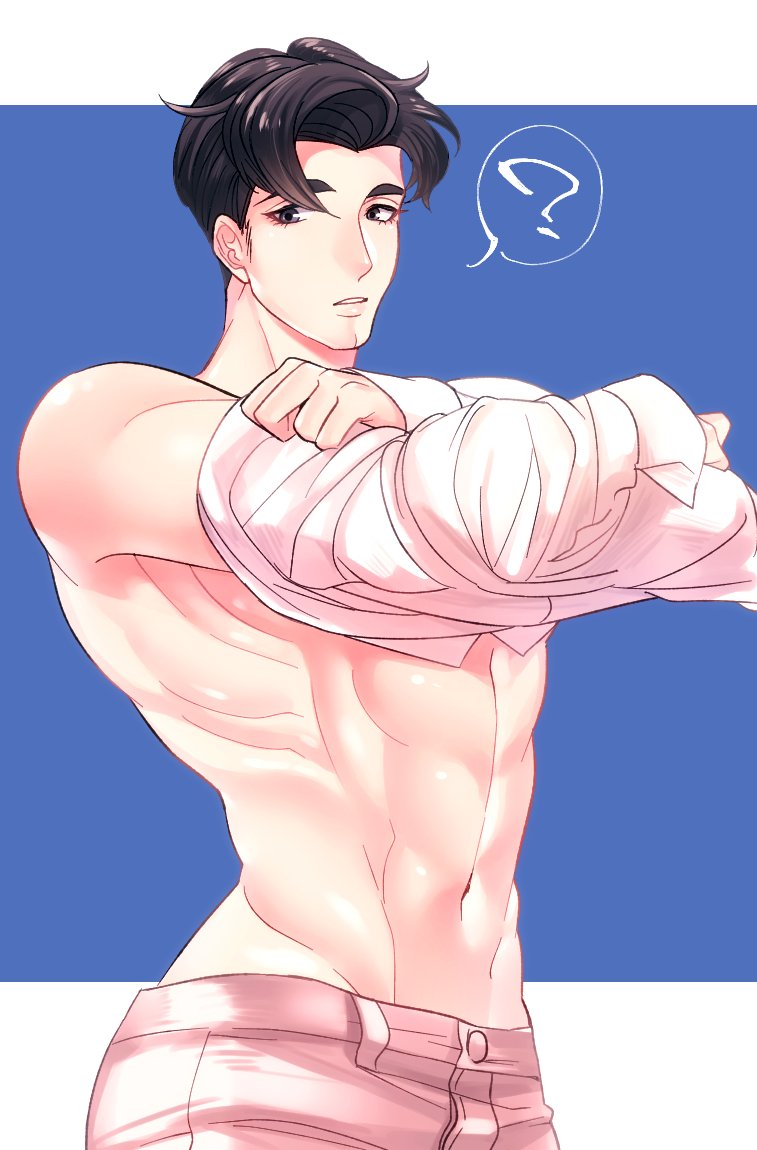 10s, 1boy, ?, bad_id, bad_twitter_id, blue_background, cleft_chin, cowboy_shot, denim, eyelashes, granblue_fantasy, grey_eyes, jeans, looking_at_viewer, male_focus, pants, pokosuka, simple_background, solo, spoken_question_mark, topless_male, tyre_(granblue_fantasy), undressing