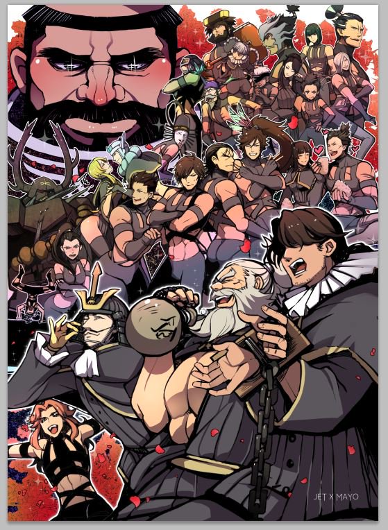 5girls, 6+boys, akechi_mitsuhide_(sengoku_basara), alcohol, alternate_costume, antlers, armor, artist_name