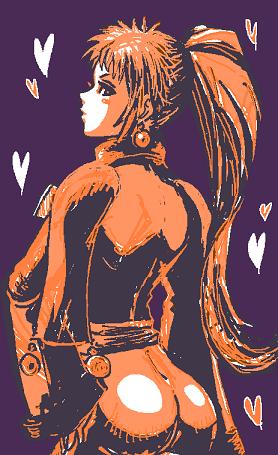 1girl, arc_the_lad, arc_the_lad_i, ass, earrings, female_focus, from_behind, hand_on_own_hip