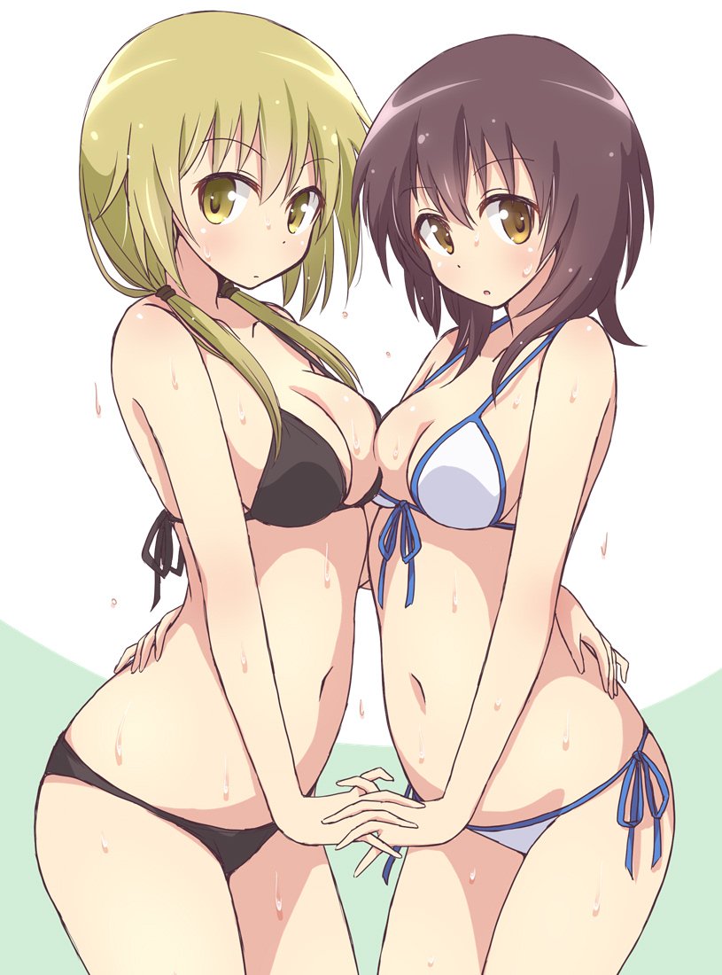 2girls, asymmetrical_docking, bikini, black_bikini, blonde_hair, breast_press, breasts, brown_eyes, brown_hair, cleavage, cowboy_shot, front-tie_bikini_top, front-tie_top, funami_yui, holding_hands, ichii_yui, interlocked_fingers, long_hair, looking_at_viewer, low_twintails, medium_breasts, medium_hair, mel_(melty_pot), multiple_girls, name_connection, navel, parted_lips, side-tie_bikini_bottom, string_bikini, swimsuit, tsuda_minami, twintails, voice_actor_connection, wet, wet_hair, white_bikini, yellow_eyes, yuruyuri, yuyushiki