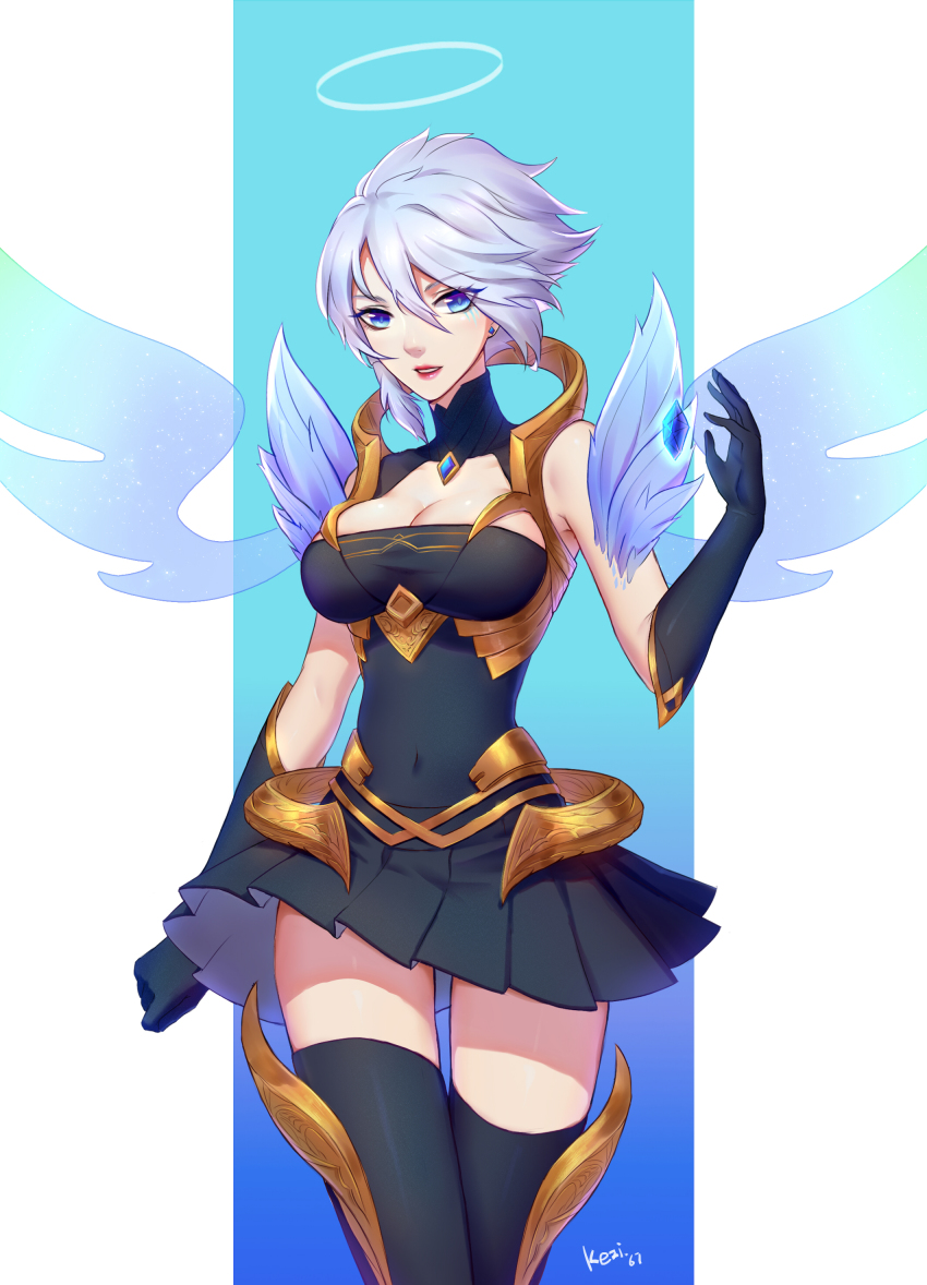 1girl, absurdres, alternate_costume, angel_wings, aqua_background, armor, artist_name, black_thighhighs, blue_background, blue_eyes, blue_gem, blue_hair, breasts, cleavage, cleavage_cutout, clothing_cutout, colored_eyelashes, covered_collarbone, covered_navel, cowboy_shot, dawnbringer_riven, detached_sleeves, dress, earrings, eyes_visible_through_hair, faulds, female_focus, gem, glowing, gorget, gradient_background, greaves, hair_between_eyes, halo, highres, jewelry, kezi, large_breasts, league_of_legends, looking_at_viewer, open_mouth, outside_border, parted_bangs, riven_(league_of_legends), short_hair, short_hair_with_long_locks, skirt, solo, sparkle, standing, stud_earrings, thighhighs, transparent_wings, watermark, white_background, white_hair, wings