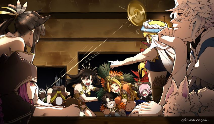 cup, elbow_rest, fate/grand_order, fate_(series), fou_(fate), fujimaru_ritsuka_(male), gate_of_babylon_(fate), gilgamesh