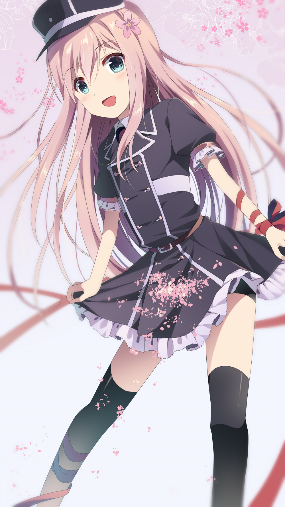 10s, 1boy, :d, black_legwear, blonde_hair, blue_eyes, cherry_blossoms, dress