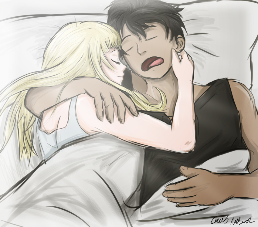 1boy, 1girl, black_hair, blonde_hair, clair_(fire_emblem), couple, cuddling, dark_skin, dark-skinned_male, closed_eyes, fire_emblem, fire_emblem_echoes:_shadows_of_valentia, fire_emblem_gaiden, gray_(fire_emblem), hetero, highres, hug, nintendo, open_mouth, sleeping, smile, sunlight