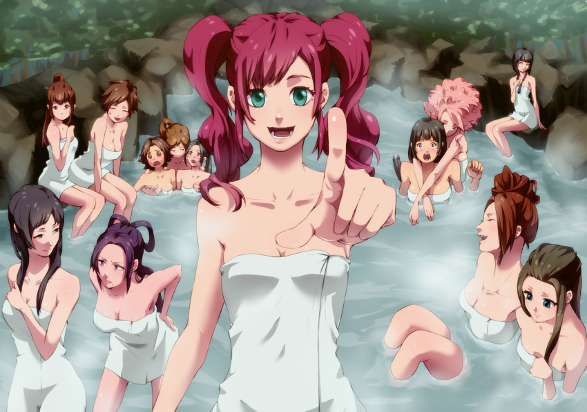 6+girls, aya_(sengoku_musou), black_hair, blue_eyes, breast_envy, breasts, brown_eyes, brown_hair