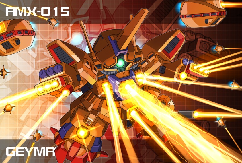 character_name, energy_beam, funnels_(gundam), geymalk, glowing, glowing_eye, green_eyes, gundam